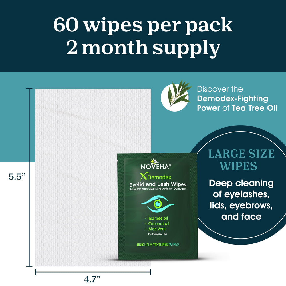 NOVEHA Demodex eyelid hygiene kit shown with 60 wipes.