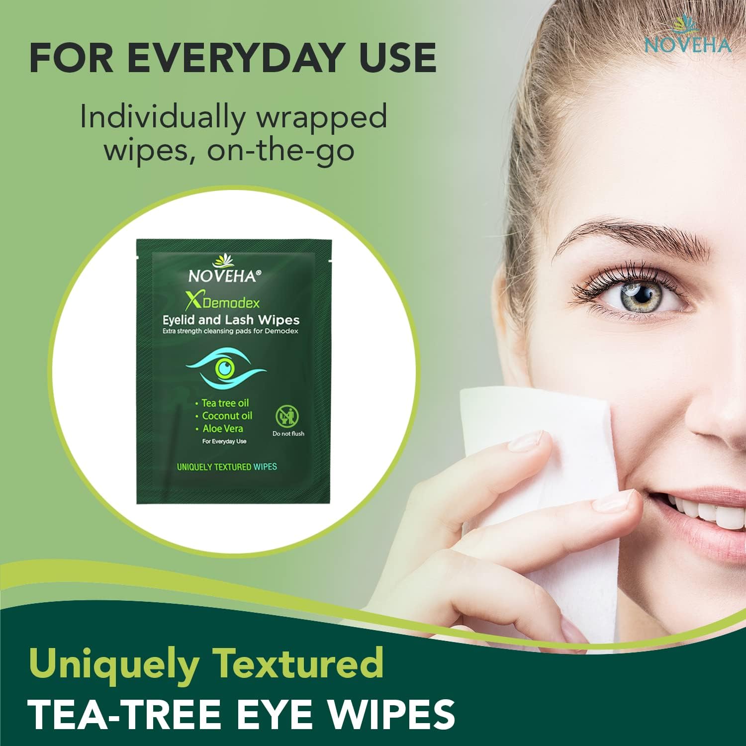 NOVEHA Demodex wipes with aloe vera and cucumber soothing the eye area.