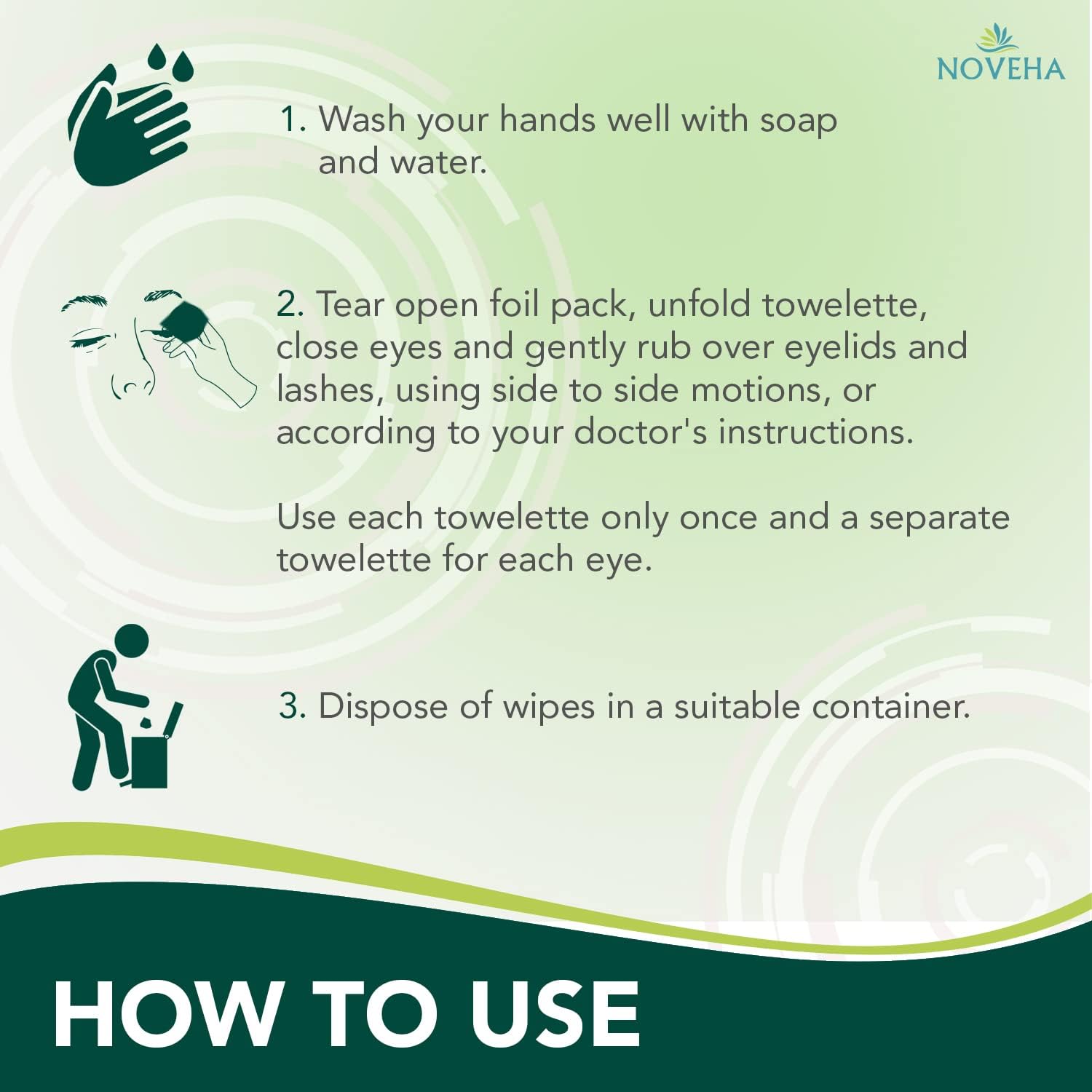 NOVEHA Demodex wipes close-up of coconut oil and lauric acid cleansing action.