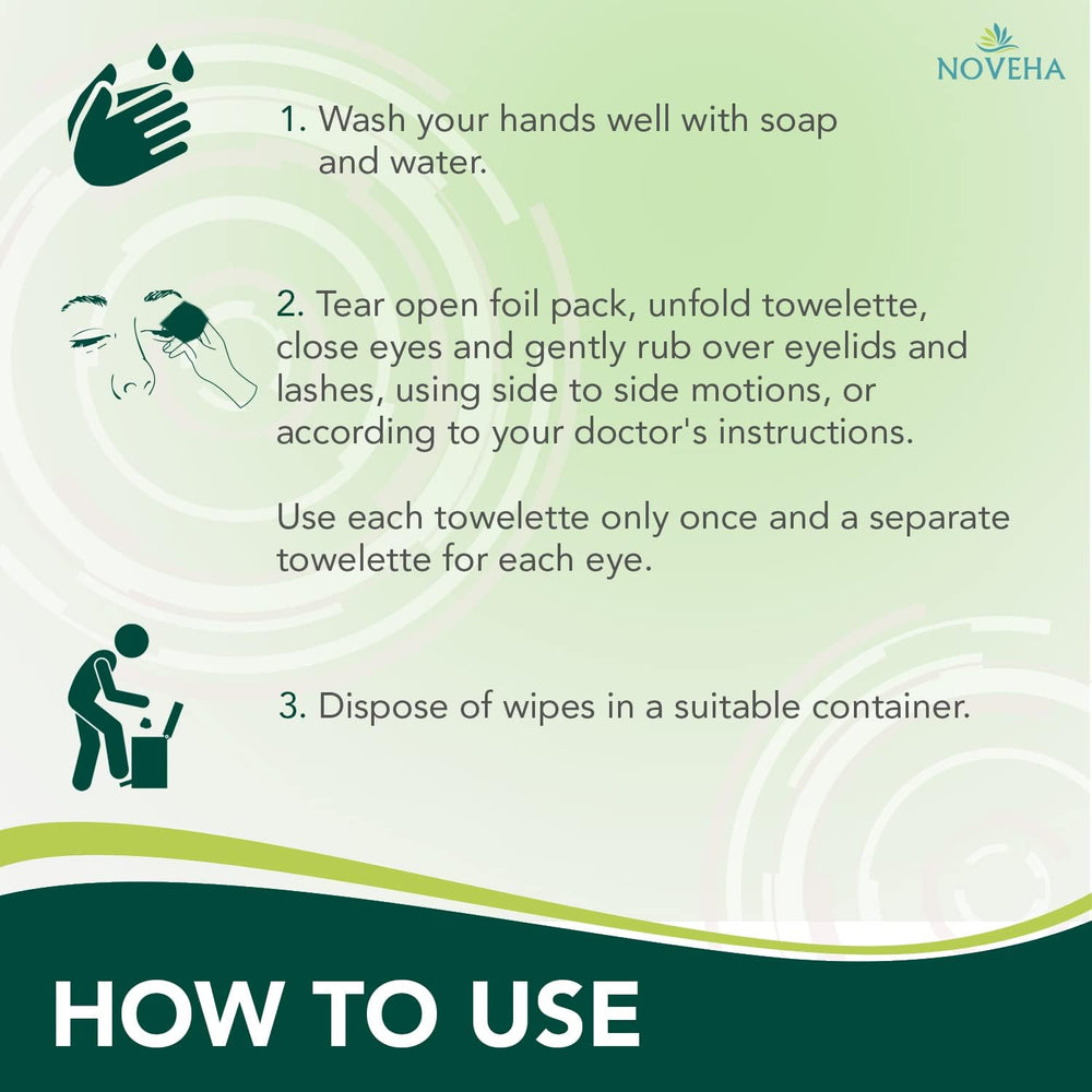 NOVEHA Demodex wipes close-up of coconut oil and lauric acid cleansing action.