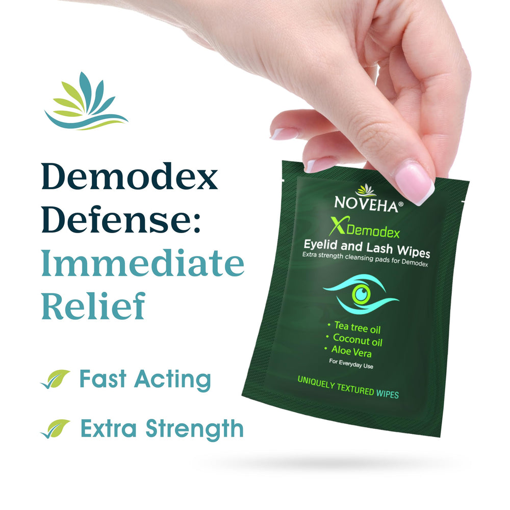 NOVEHA Demodex eyelid wipes close-up shows soft texture for delicate cleansing.