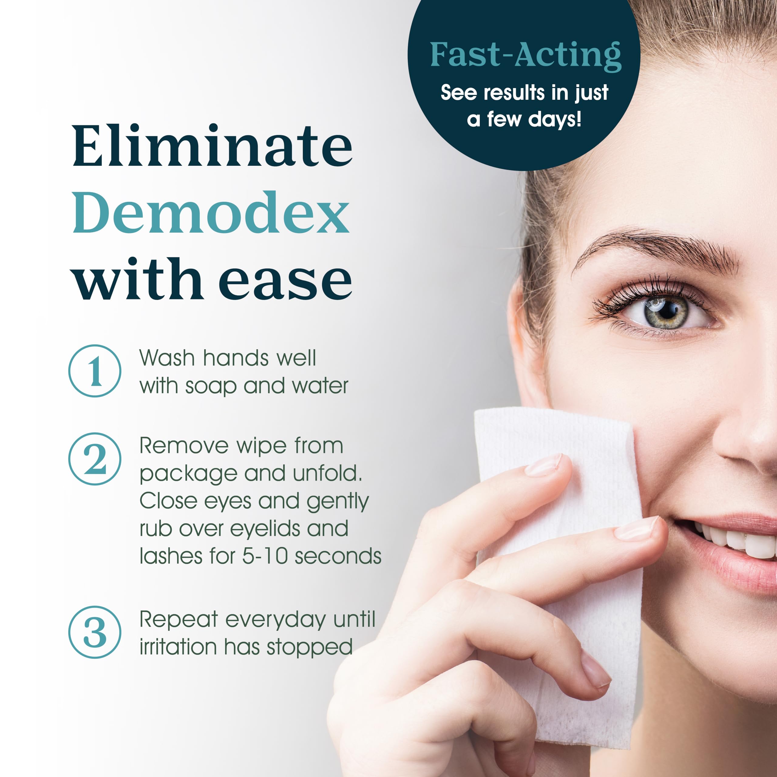 NOVEHA eyelid wipe in-use illustration demonstrates quick cleansing routine.