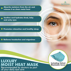 NOVEHA Express Warm Compress Eye Mask on-eyes view emphasizes comfortable fit and moist heat.