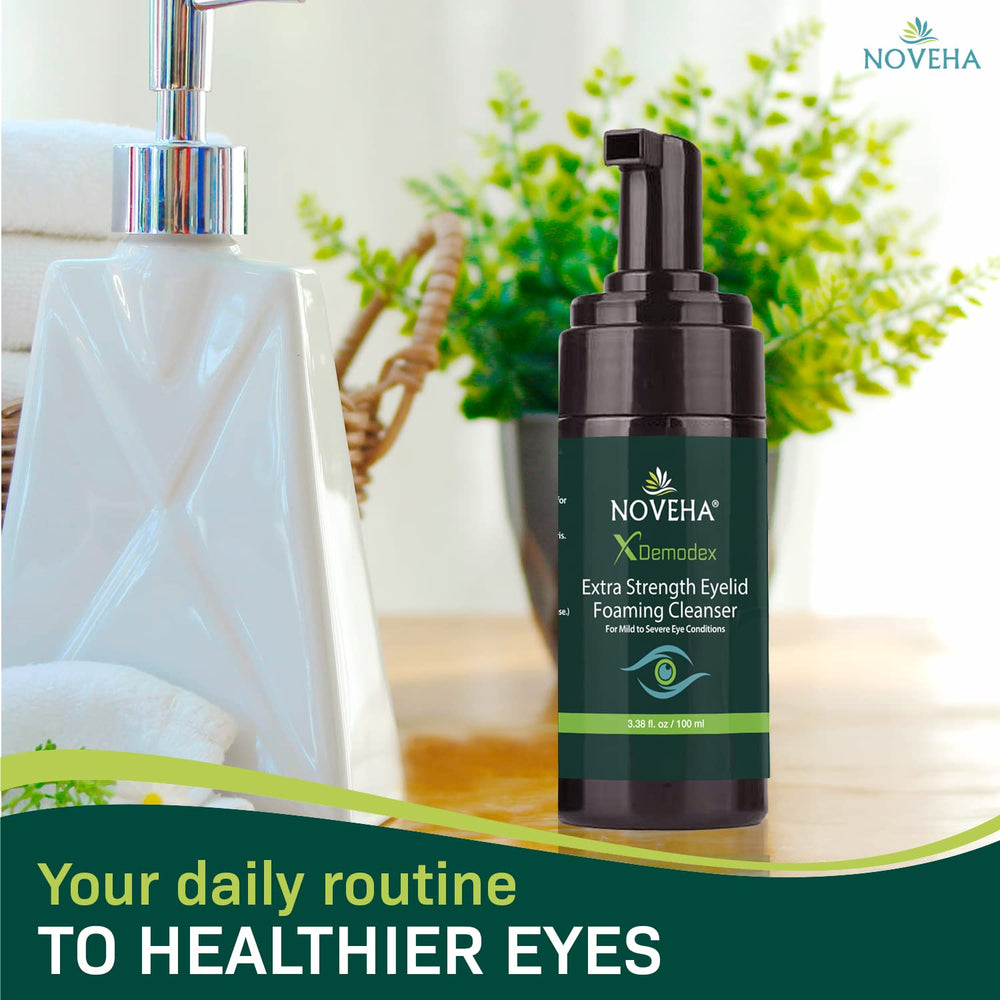 NOVEHA Eye-area foam lather during application shows easy cleansing around lashes