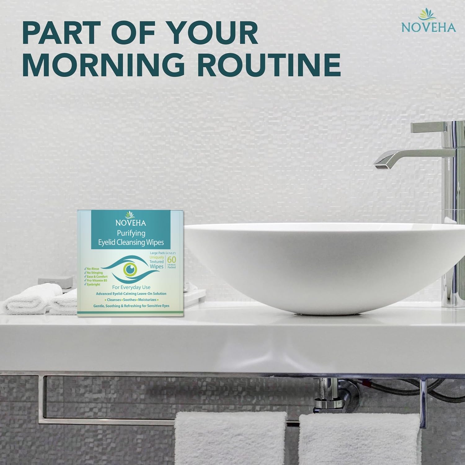 NOVEHA eye-care wipes near-skin design ensuring gentle cleansing for face and lashes on-the-go