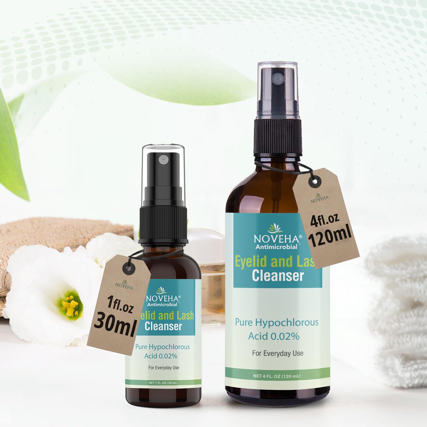 NOVEHA Eyelid Cleanser applied with cotton pad for easy no-rinse cleansing.