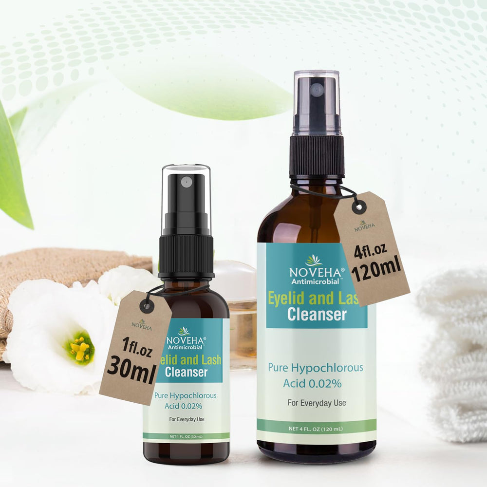 NOVEHA Eyelid Cleanser applied with cotton pad for easy no-rinse cleansing.