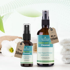 NOVEHA Eyelid Cleanser applied with cotton pad for easy no-rinse cleansing.