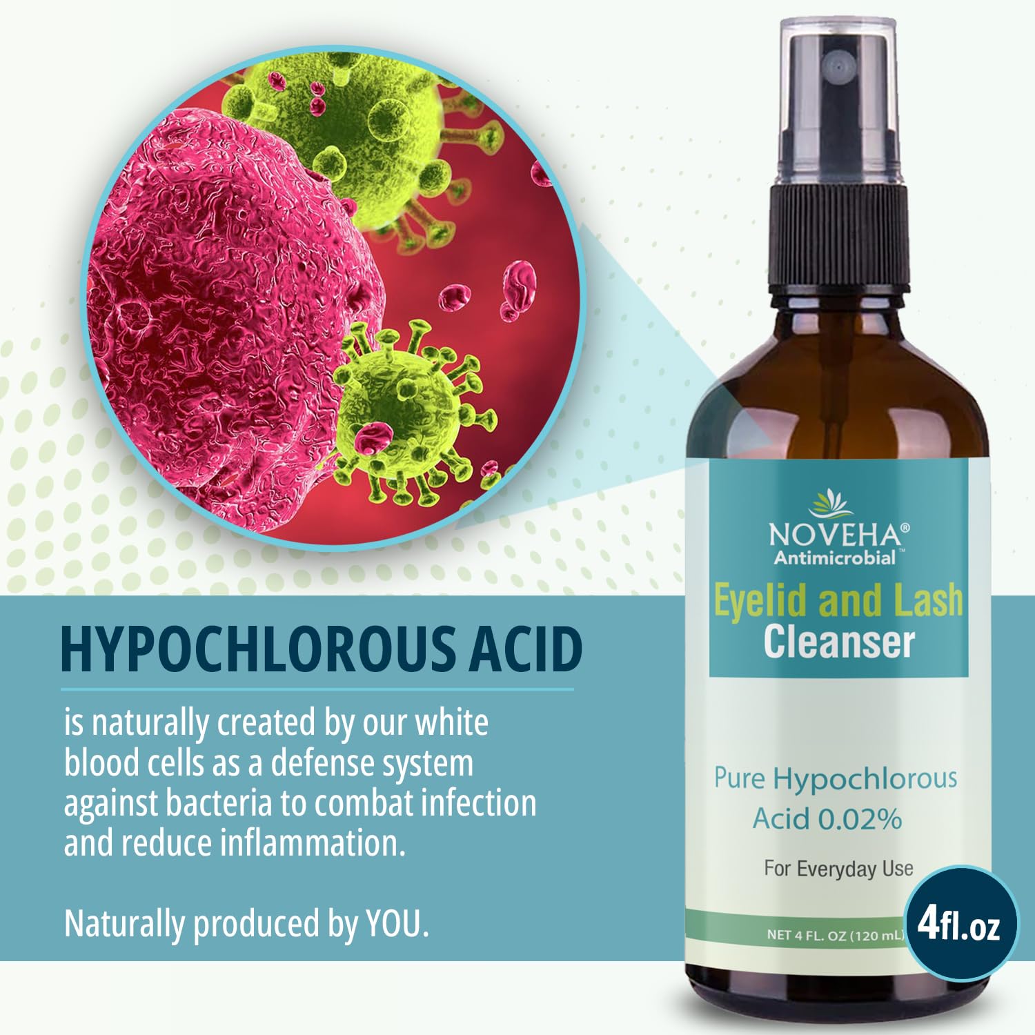 NOVEHA bottle shown with vegan hypoallergenic branding and care emphasis.