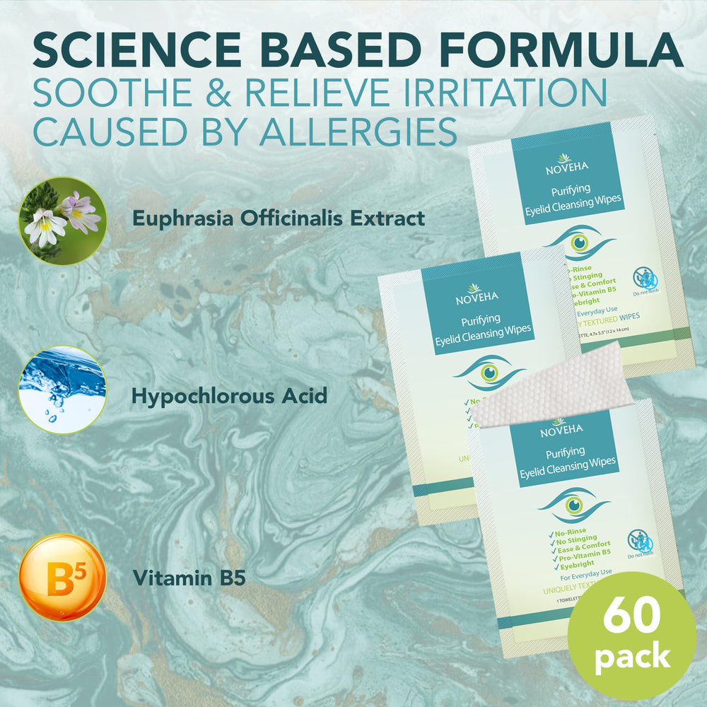 NOVEHA Eyelid & Lash Wipes highlight hypochlorous ingredient for eye-area cleansing.