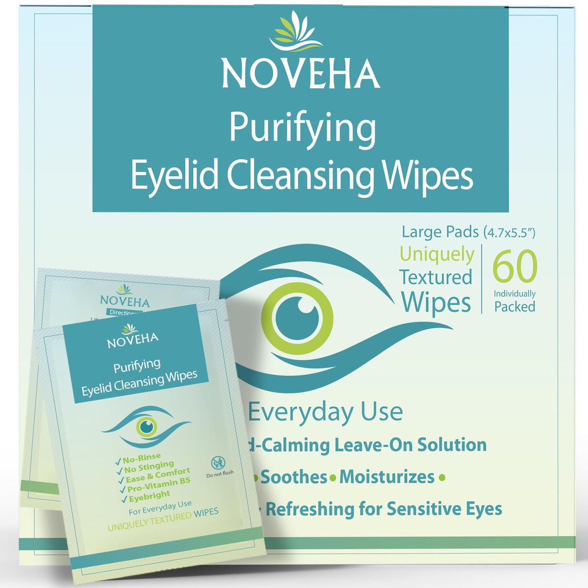 NOVEHA Eyelid & Lash Wipes pack of 60 offers gentle cleansing for sensitive eyes.