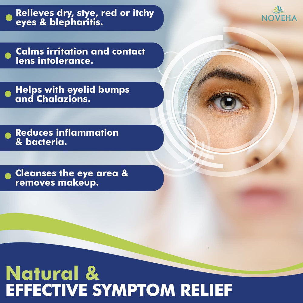 NOVEHA eyelid wipes being applied around the eye area for gentle cleaning.