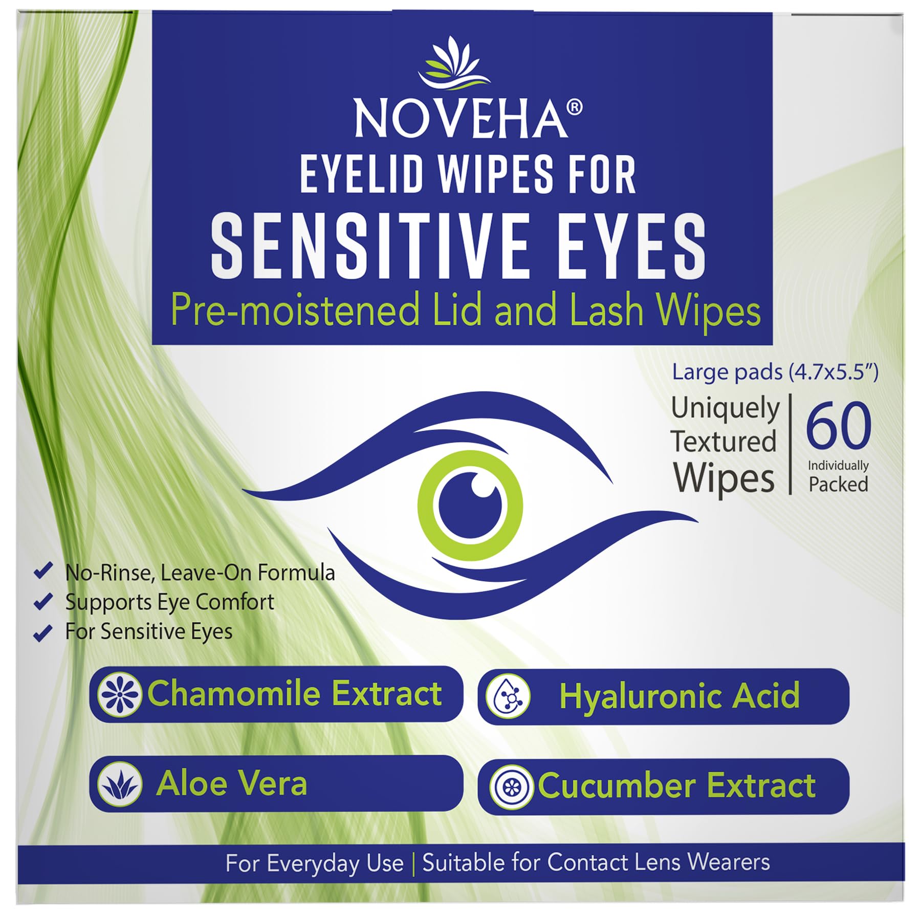 NOVEHA Eyelid Wipes front packaging with 60 pre-moistened pads for daily hygiene