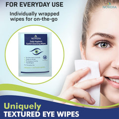 NOVEHA eyelid and lash wipe in use around the eye area for cleansing
