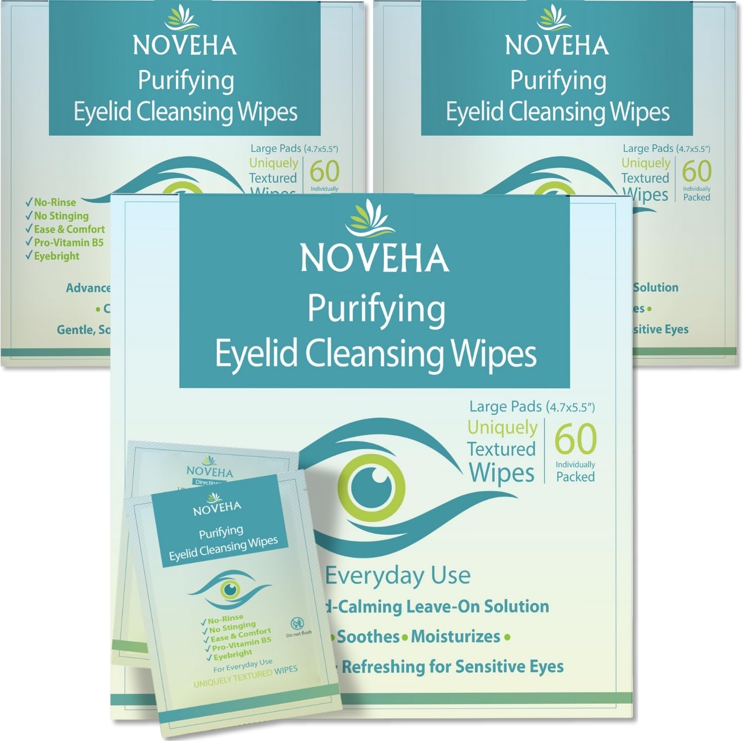 NOVEHA eyelid wipes packaged front for quick cleansing on the go