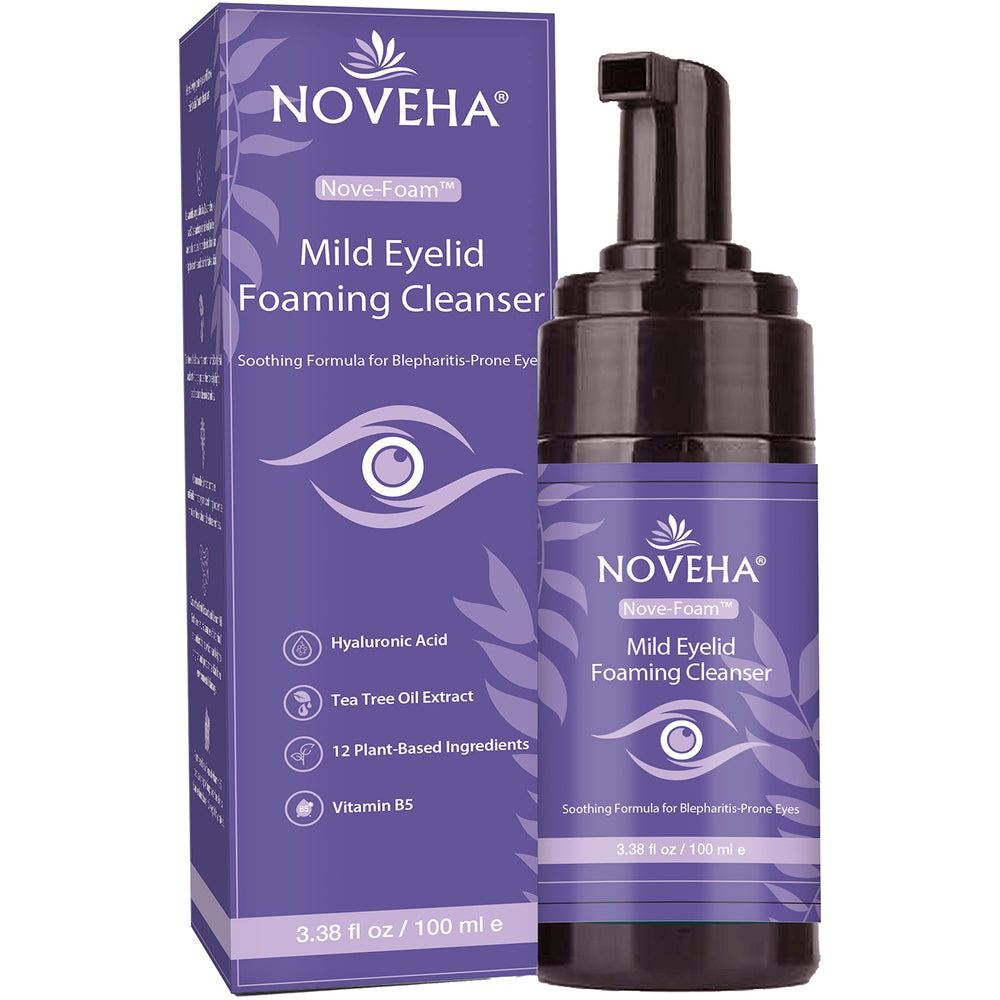 NOVEHA Lavender and Tea Tree Eyelid Foaming Cleanser bottle for gentle daily eyelid cleansing.
