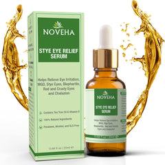 NOVEHA Stye Relief Serum bottle closeup for gentle eyelid care.