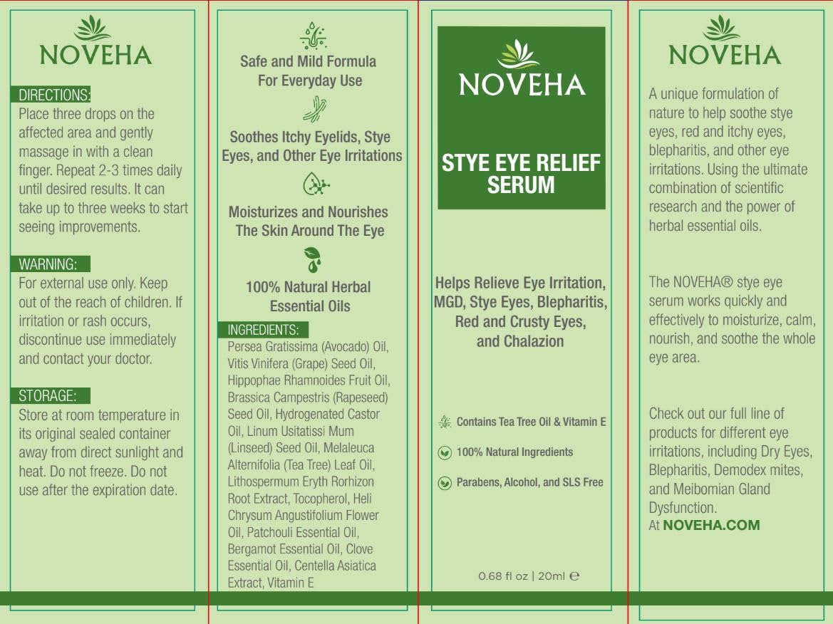 NOVEHA Stye Relief Serum oil blend close-up highlights natural ingredients.