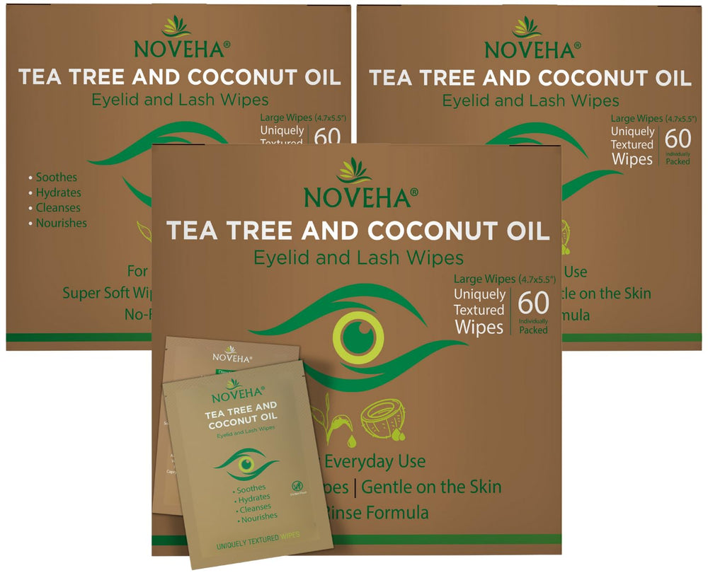 NOVEHA Tea Tree Coconut Eyelid Wipes pack for daily ocular hygiene