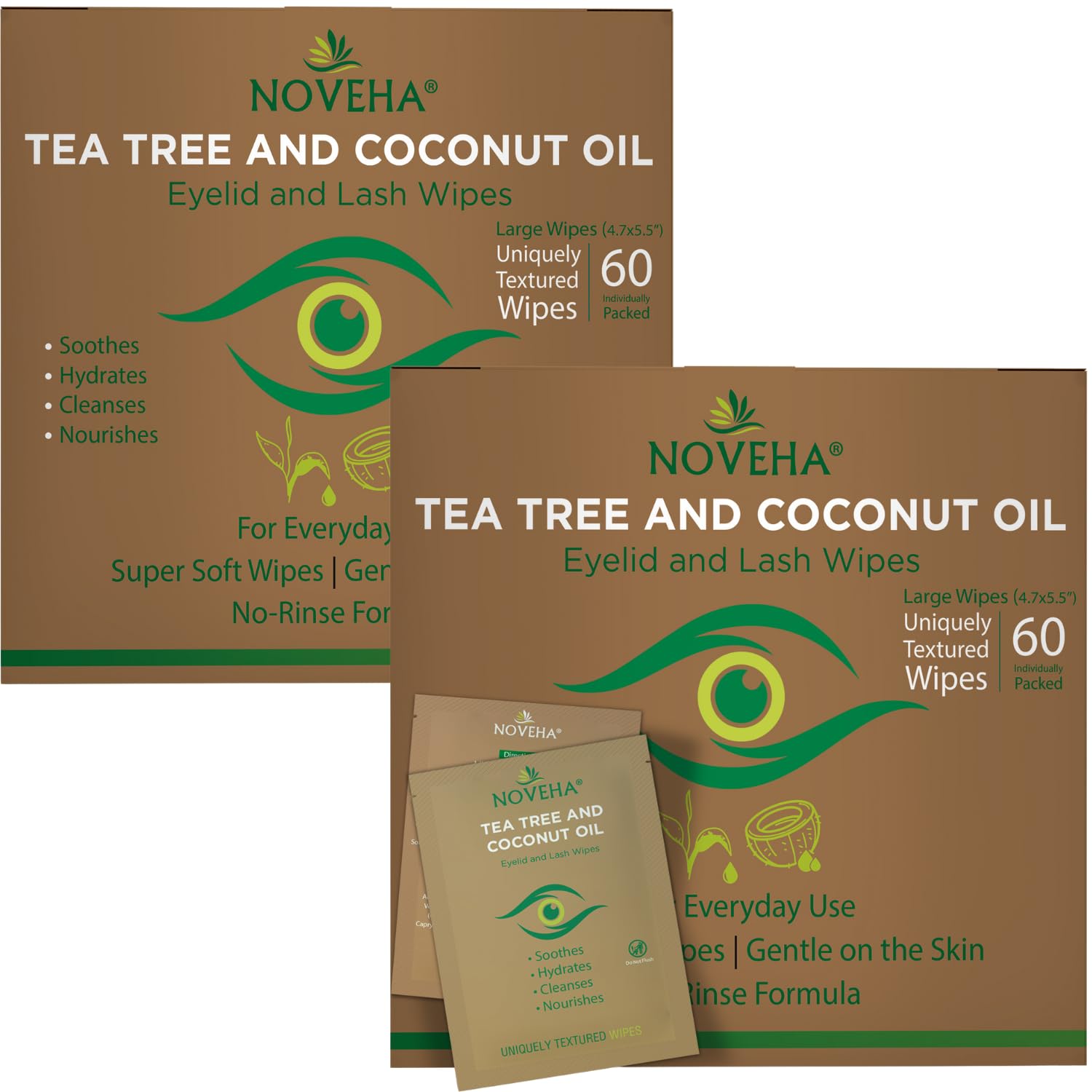 NOVEHA tea tree coconut eyelid wipes package offers convenient daily cleansing for eyes and face.