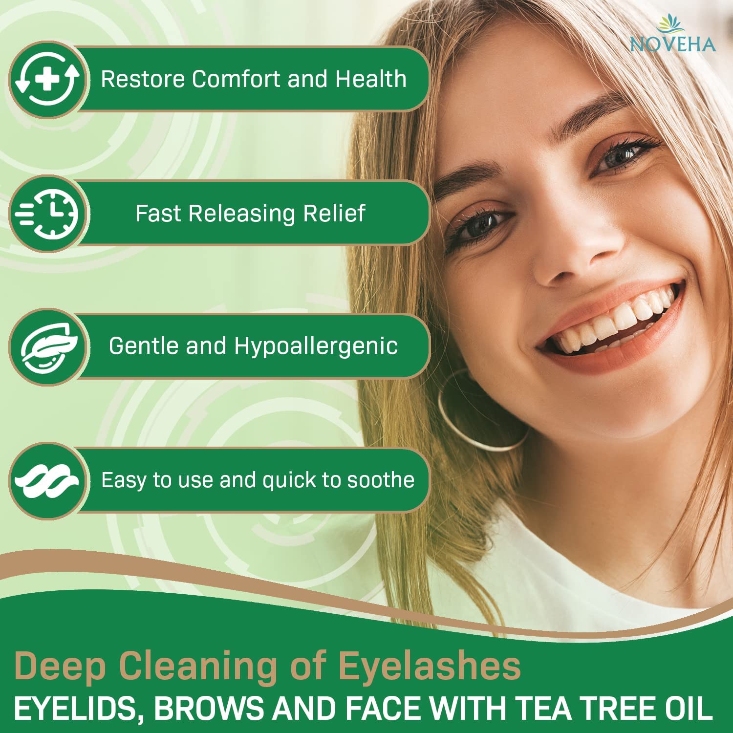 NOVEHA tea tree coconut eyelid wipes being used to refresh eyes during travel.