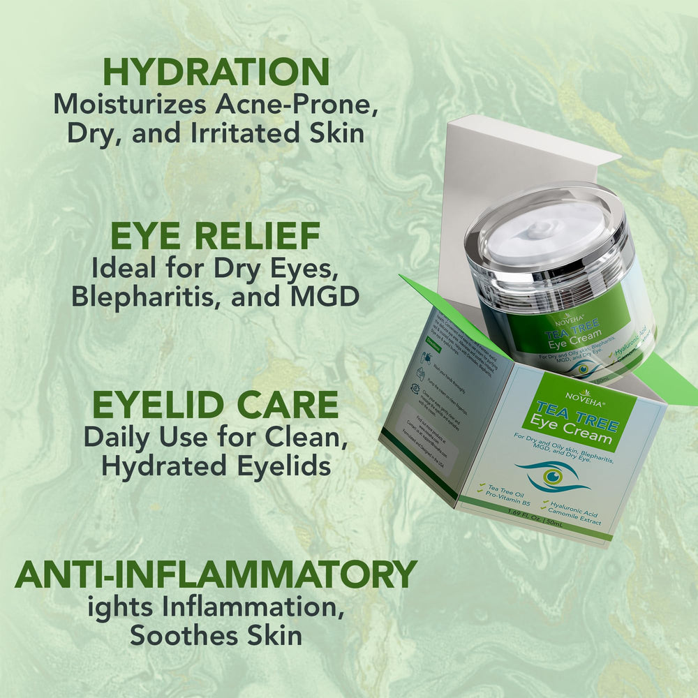 Aplicación diaria de NOVEHA Tea Tree Eye Cream para alivio de irritaciones.
