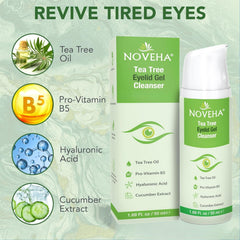 NOVEHA Tea Tree Eyelid Cleanser application demonstrates daily use for blepharitis comfort.