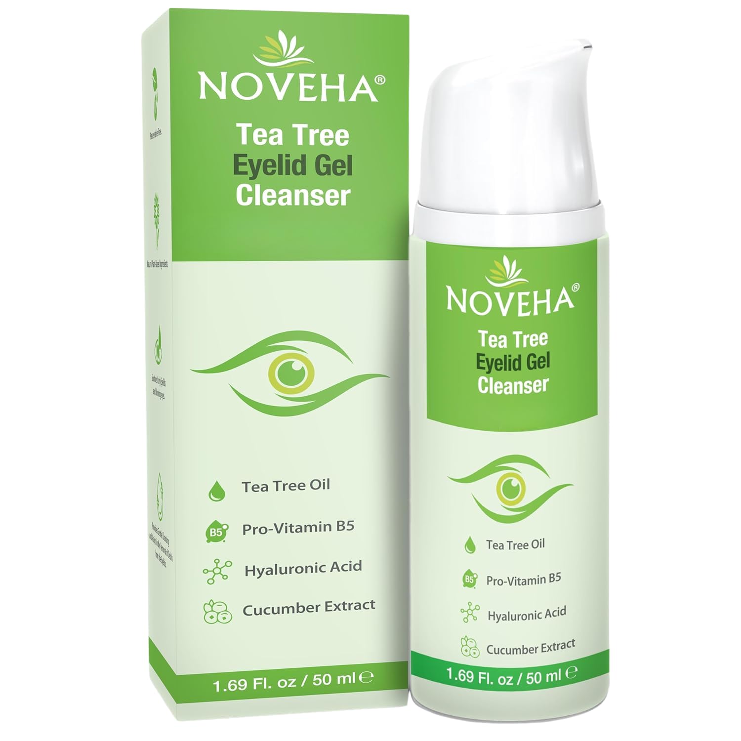 NOVEHA Tea Tree Eyelid Cleanser tube front offers gentle cleansing for irritated eyelids.