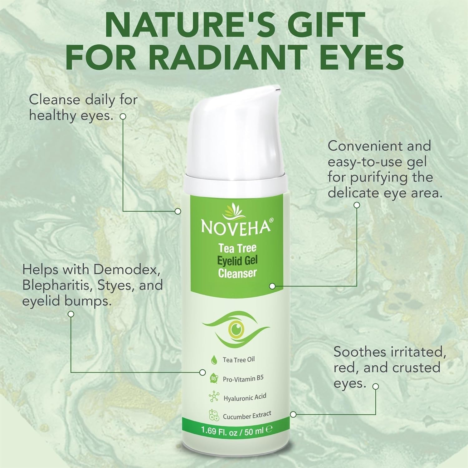 NOVEHA Tea Tree Eyelid Cleanser tube label highlights plant-based, preservative-free eye comfort.