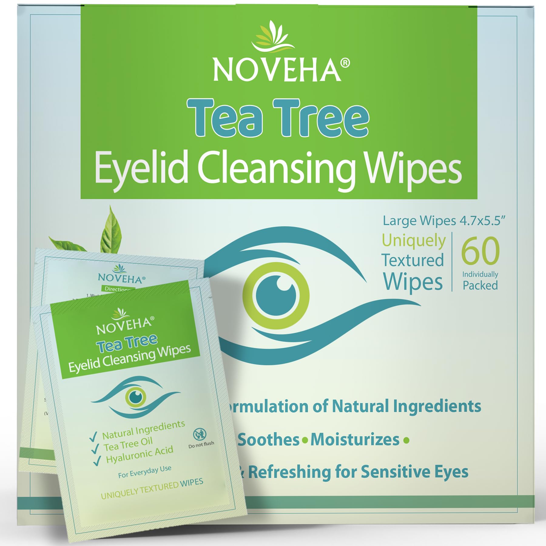 NOVEHA tea tree eyelid wipes bottle closeup showing gentle cleansing.