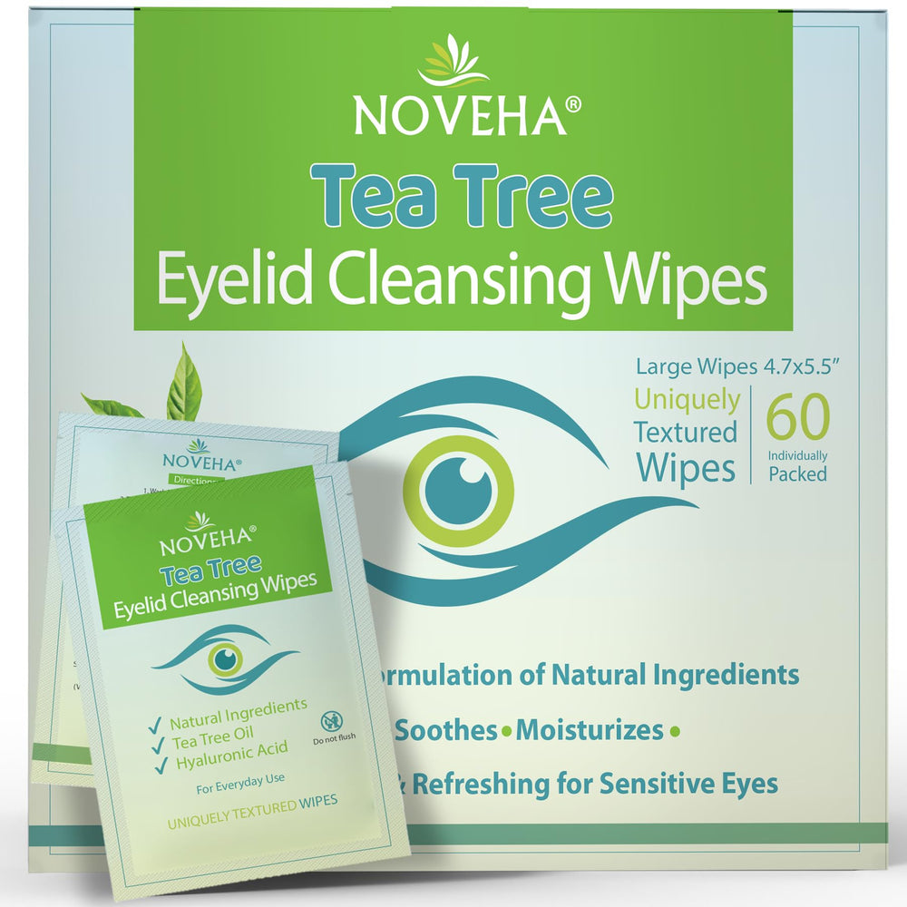 NOVEHA tea tree eyelid wipes bottle closeup showing gentle cleansing.