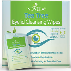 NOVEHA tea tree eyelid wipes bottle closeup showing gentle cleansing.