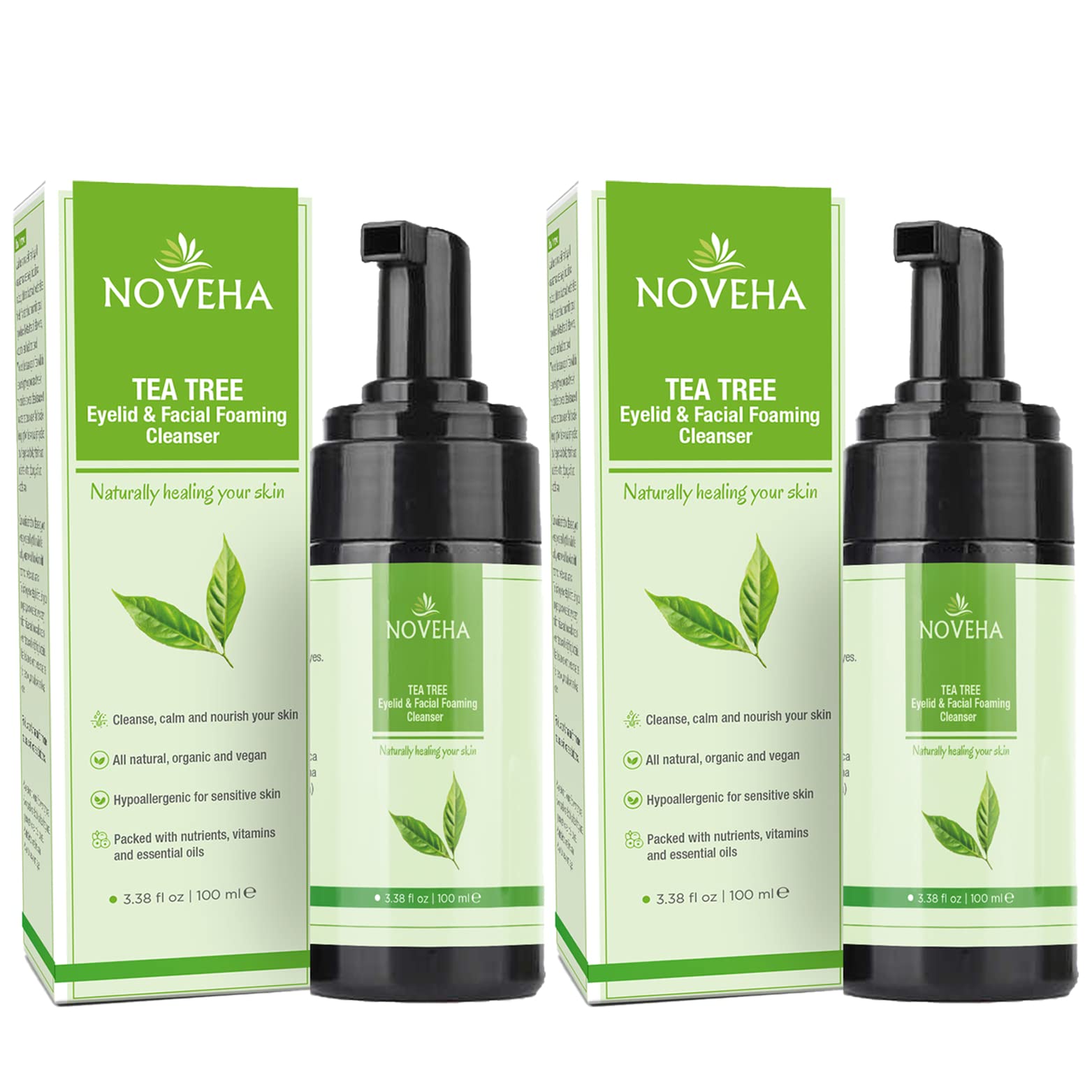 NOVEHA Tea Tree Foam Cleanser bottle close-up for gentle daily eyelid cleansing.