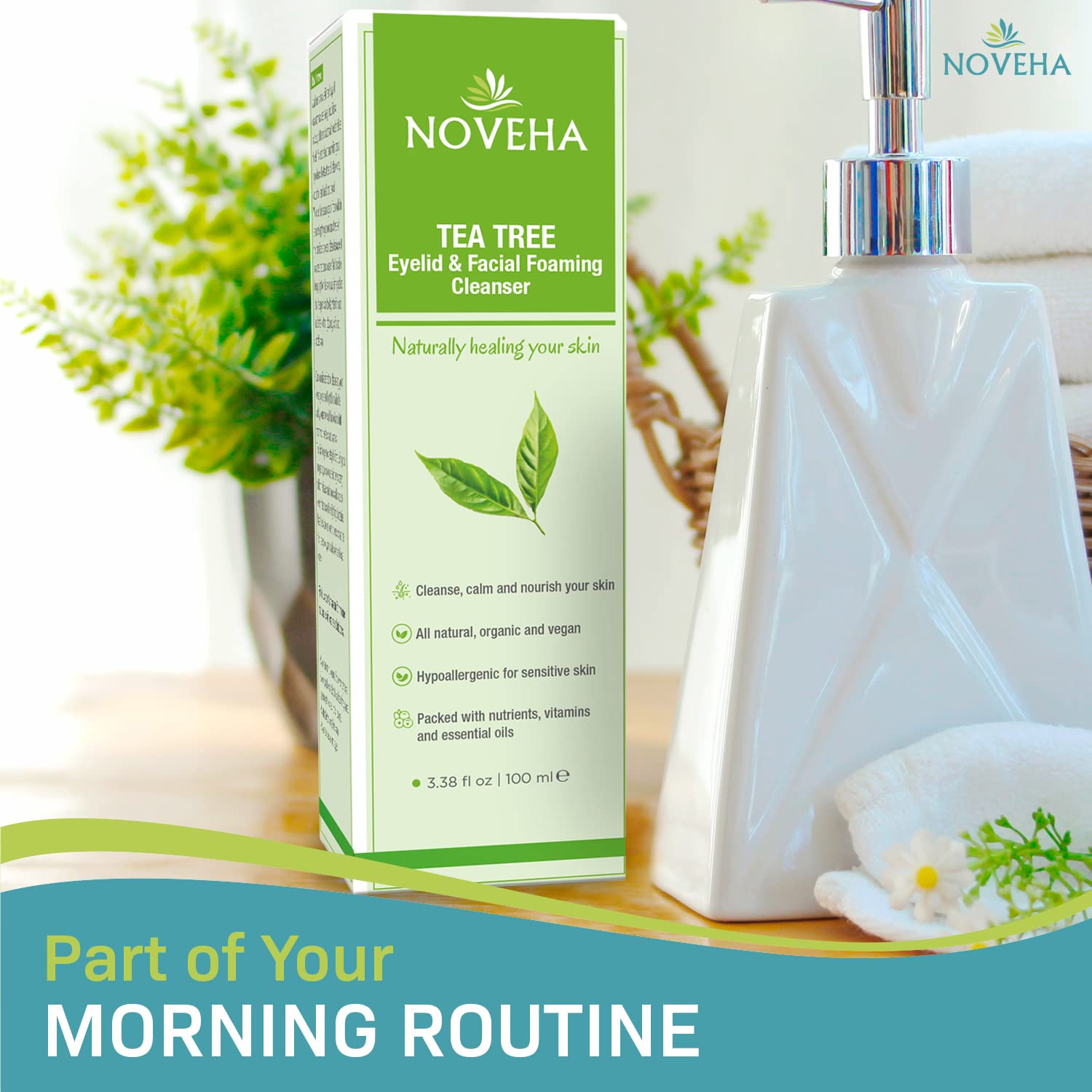 NOVEHA dermatologist-recommendation badge on tub signals trusted daily use.