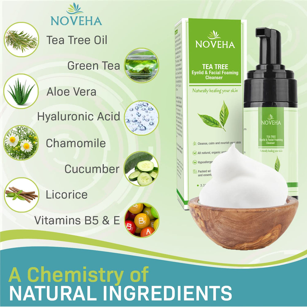 NOVEHA foaming lather demonstrating rich foam ideal for facial cleansing and hydration.