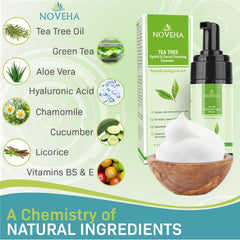 NOVEHA foaming lather demonstrating rich foam ideal for facial cleansing and hydration.
