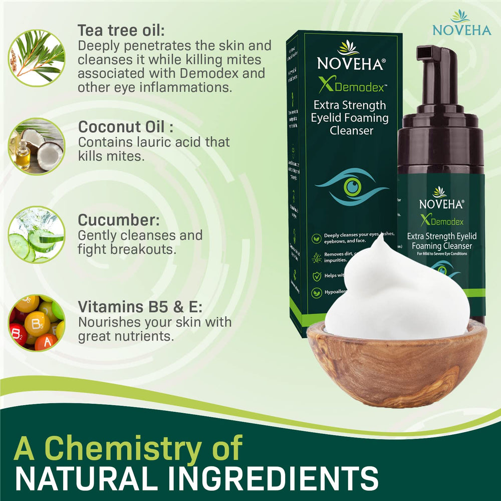 NOVEHA Extra-strength tea tree oil foam closeup highlighting refreshing cleanse around eyes
