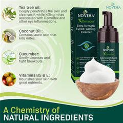 NOVEHA Extra-strength tea tree oil foam closeup highlighting refreshing cleanse around eyes