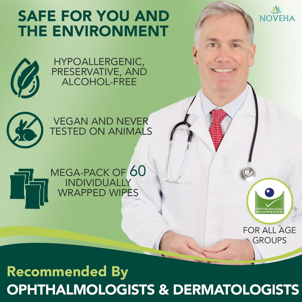 NOVEHA wipes with a gentle, non-irritating formula for sensitive eyes