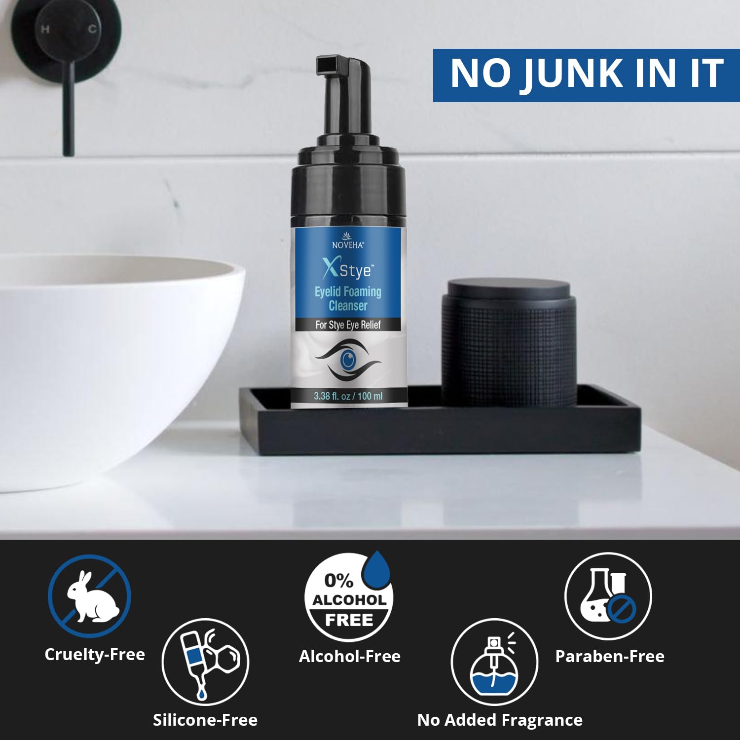 NOVEHA XStye label featuring cucumber extract for soothing eyes