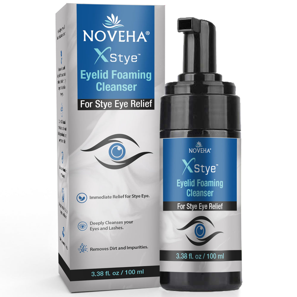 NOVEHA XStye foaming cleanser packaging for gentle daily eyelid cleansing