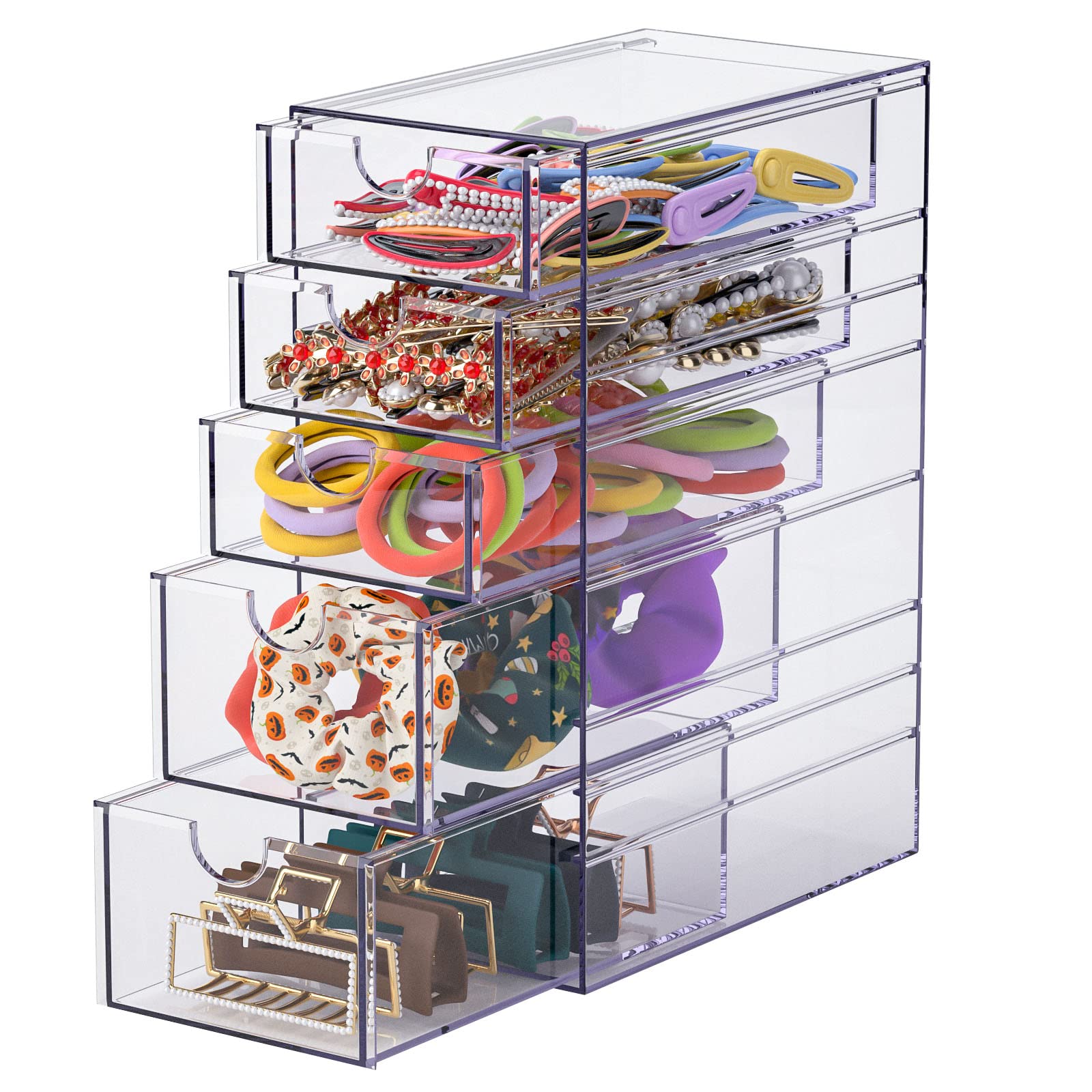 Noverlife Clear Containers five-drawer front view shows spacious storage for hair accessories