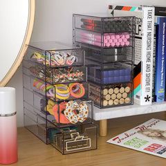 Noverlife Clear Containers open drawer view illustrates easy access to hair ties and clips