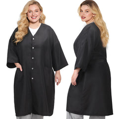 Noverlife hair salon smocks cape front view in black offers relaxed movement.