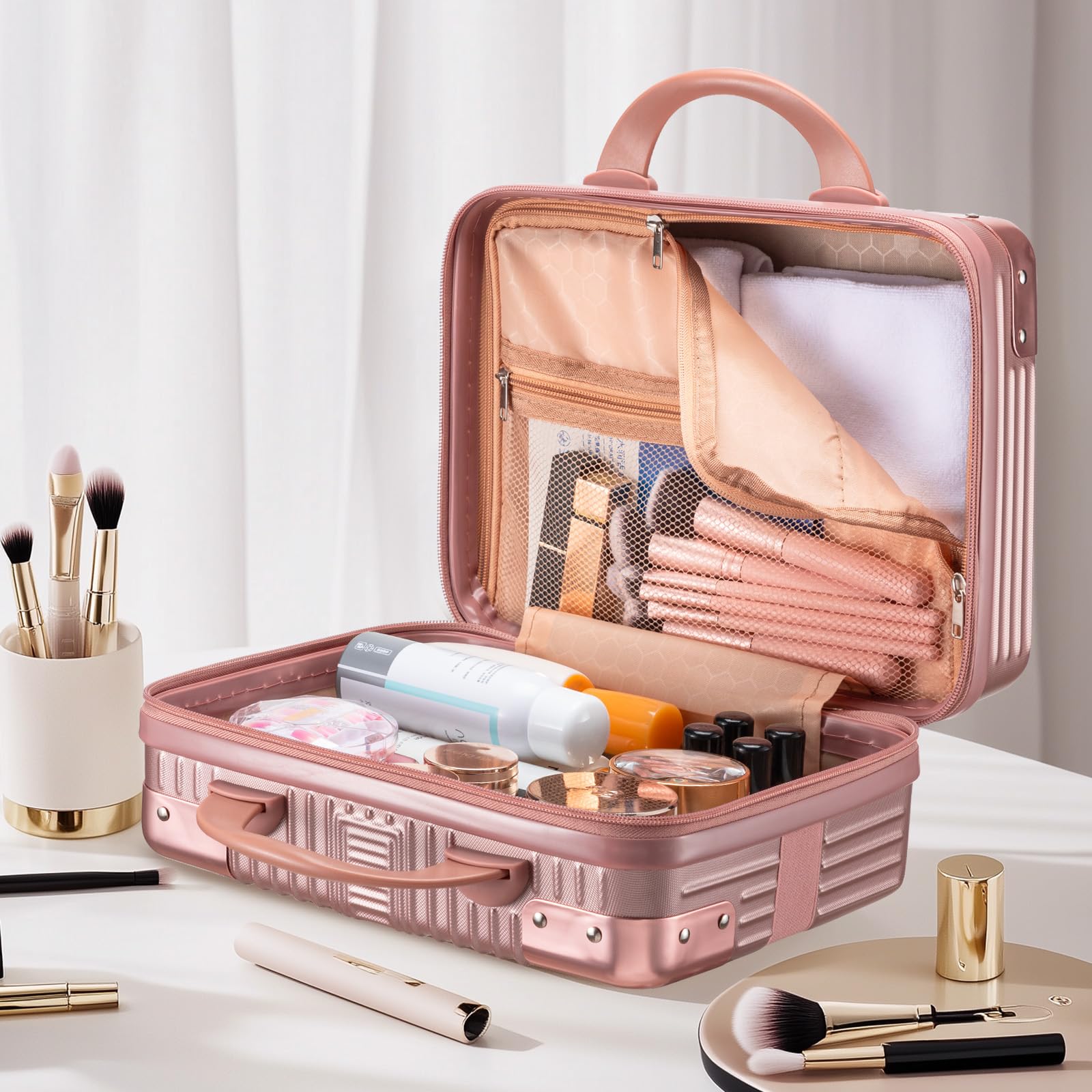 Noverlife rose gold makeup case back view showcasing compact portable design