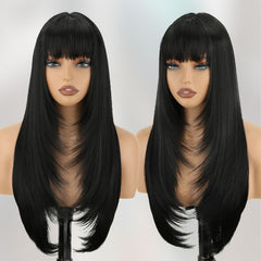 NOVFLKW black long straight wig with bangs 26in closeup reveals natural texture for daily wear.