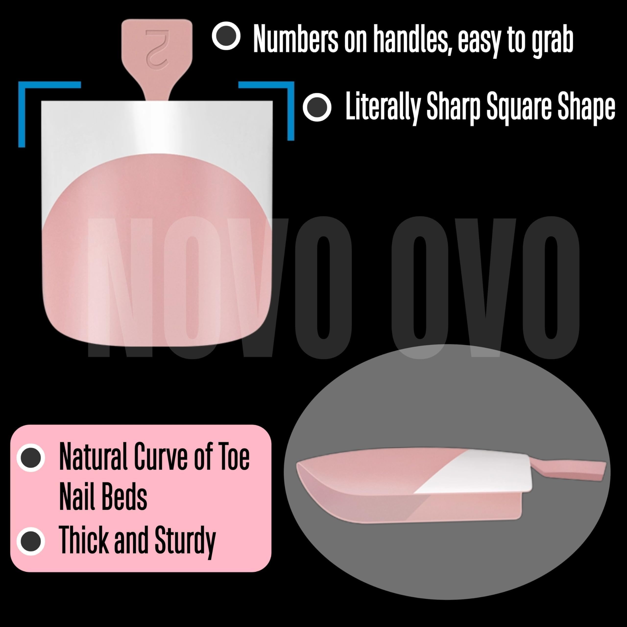 NOVO OVO baby pink press-on toes show a salon-ready pedicure at home.