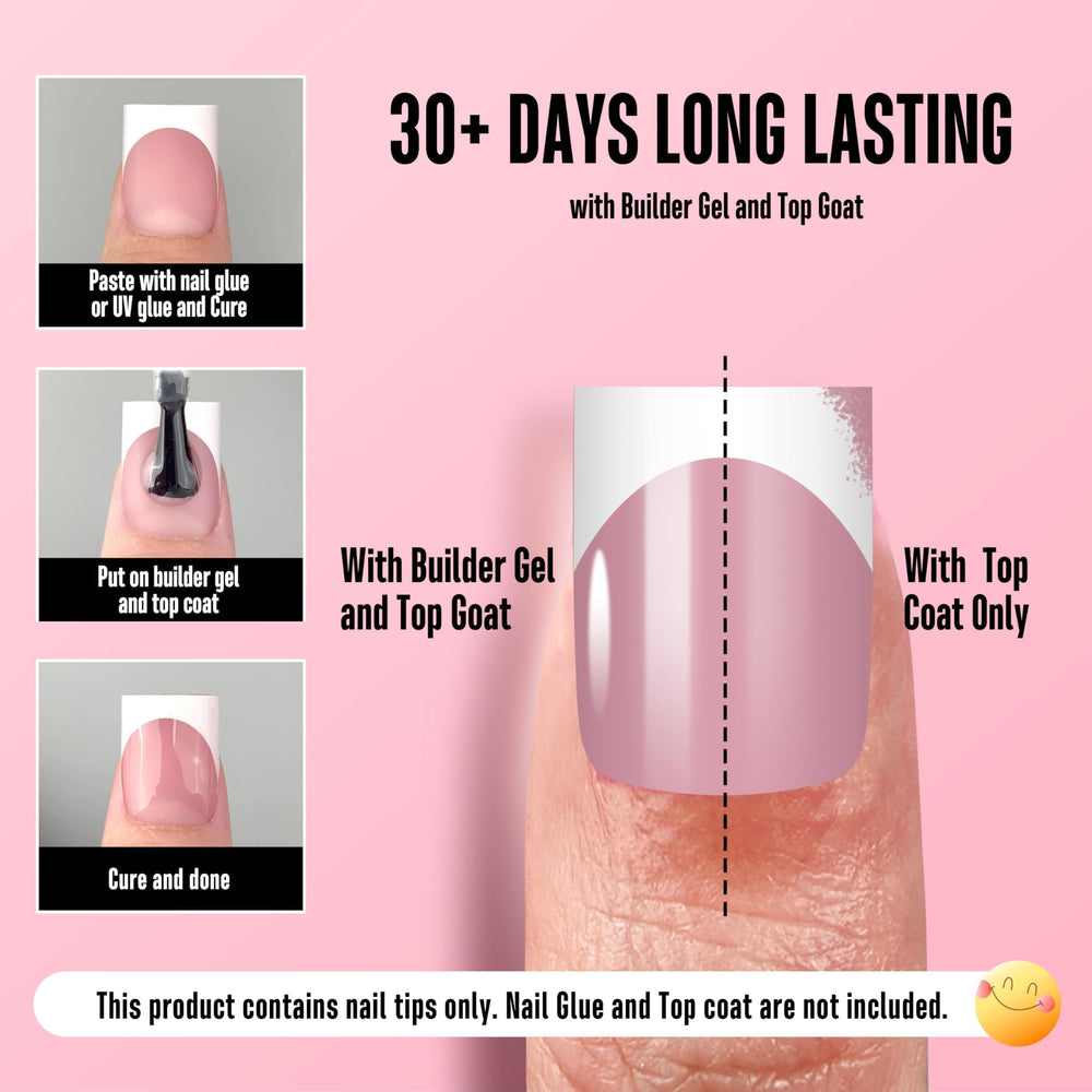 NOVO OVO builder gel-ready tips work with top coat for durable finish.
