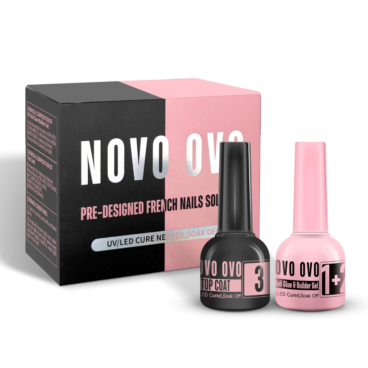 NOVO OVO French Tip Solution Kit pink bottle gel close-up highlighting 2-in-1 adhesion and builder function