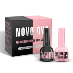 NOVO OVO French Tip Solution Kit pink bottle gel close-up highlighting 2-in-1 adhesion and builder function